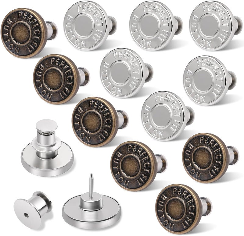 Ceryvop12 Sets Button Pins for Loose Jeans, No Sew and No Tools Instant Replacement Snap Tack Pant Button, Reusable and Adjustable Metal Pants Tightener - Image 1